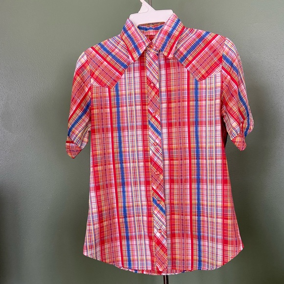 Vintage Shirt Womens S Red Plaid Snap 38” Chest Rockabilly Western 70s Cowgirl - Picture 8 of 8